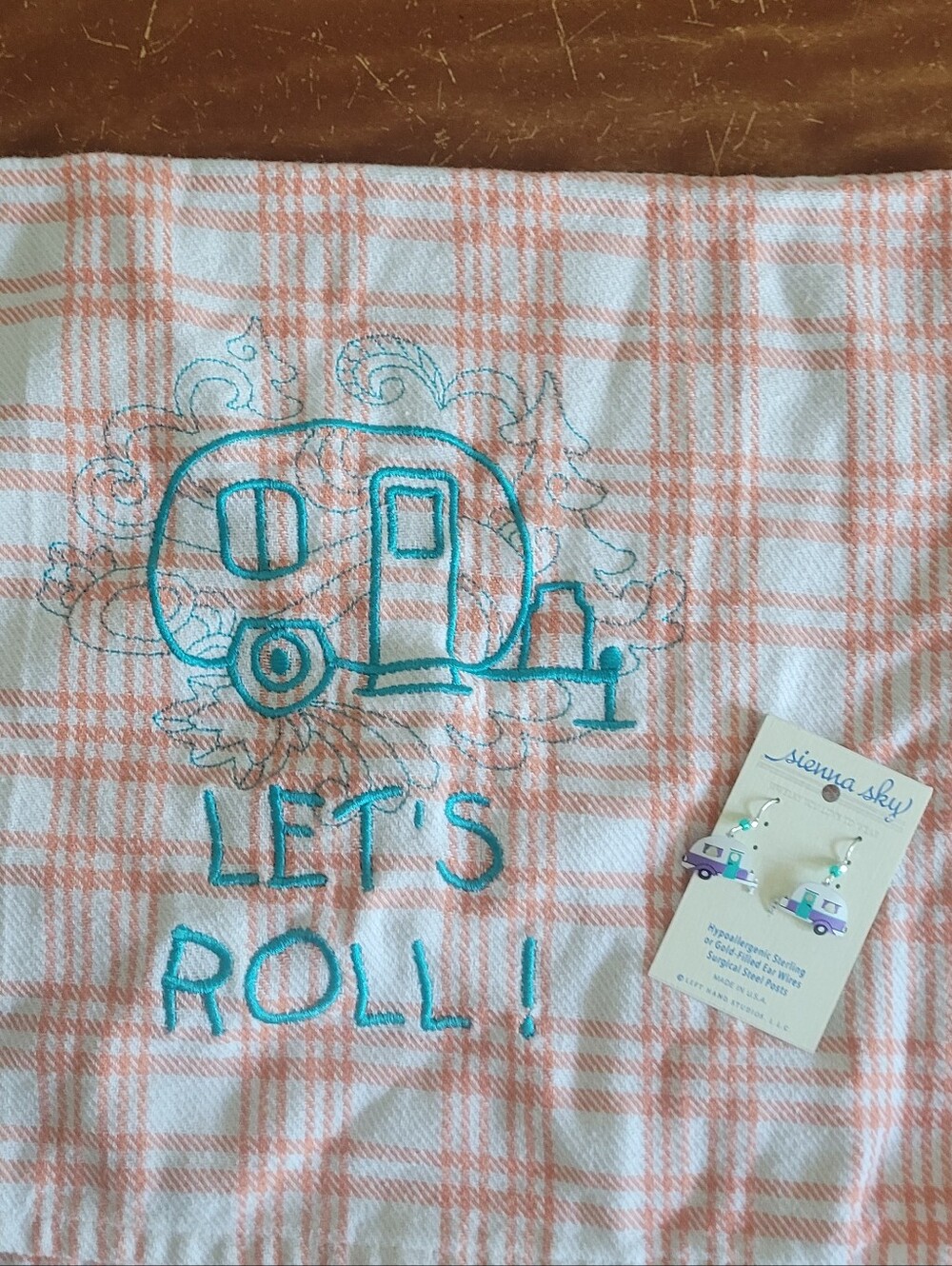 Sienna Sky Camper Earrings & Kitchen Towel With "Let's Roll!" Embroidery